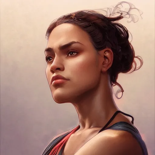 Image similar to beautiful, strong, mixed race, female, aged 4 0, face, head shot, fantasy, highly detailed, digital painting, artstation, concept art, smooth, sharp focus, illustration, art by artgerm and greg rutkowski and alphonse mucha