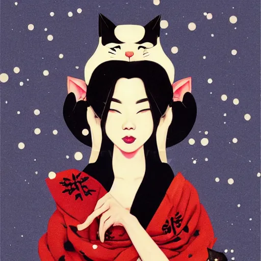 Image similar to full body icon stylized minimalist an asian girl with geisha makeup holding a cute black cat surrounded by snowflakes, loftis, cory behance hd by jesper ejsing, by zdzisław beksinski and norman rockwell and greg rutkowskiweta studio, and lucasfilm - c 1 0