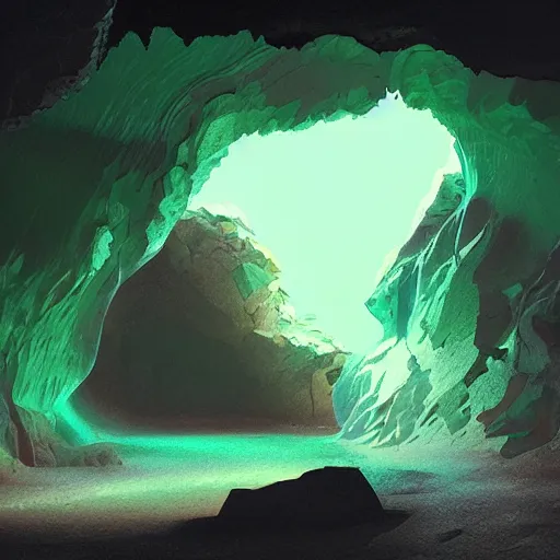 Prompt: A cave with new life coming out of it, vivid colors, artstation, negative space, bioluminescent, sharp focus