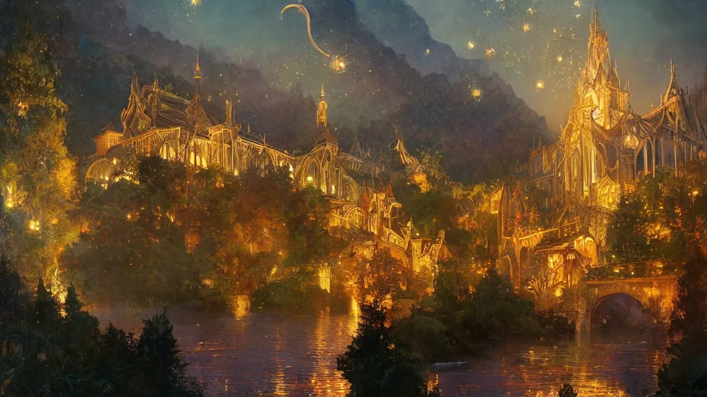 Image similar to a beautiful painting of rivendell, at night with a sky full of stars and fireworks, intricate, elegant, highly detailed, digital painting, artstation, concept art, by krenz cushart and artem demura and alphonse mucha
