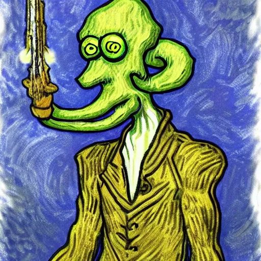 Prompt: squidward as a dark souls boss by Vincent van Gogh