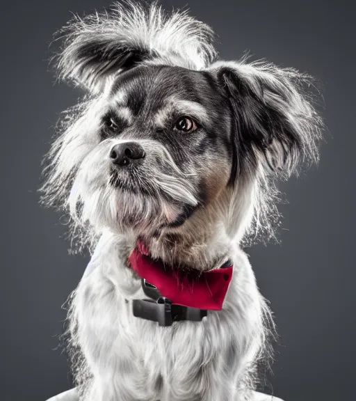 Image similar to high quality colored portrait of a dog that looks like albert einstein, professional lighting, high detail, dslr, 8 k