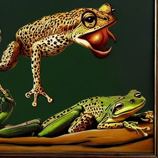 Prompt: alien frog, cheetah, and bird reaching through a painting. pulp sci - fi art. baroque period, oil on canvas