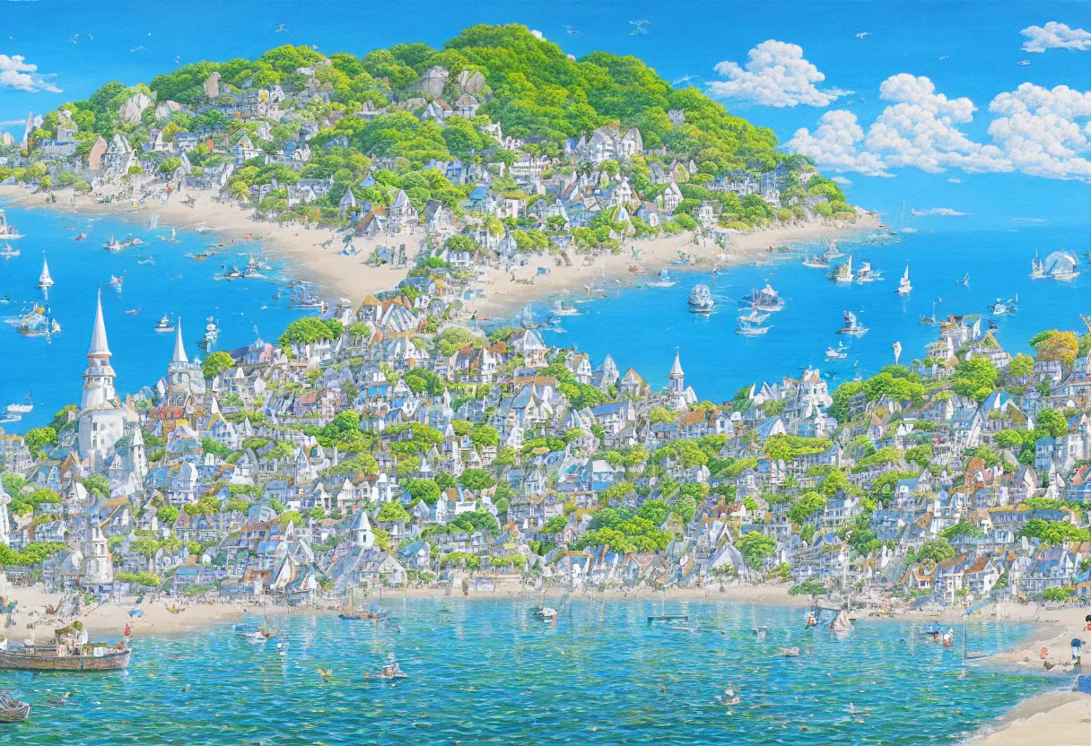 Image similar to a beautiful ultradetailed painting of a seaside town, sunny, close shot, studio ghibli sunlight, archdaily, wallpaper, highly detailed, trending on artstation