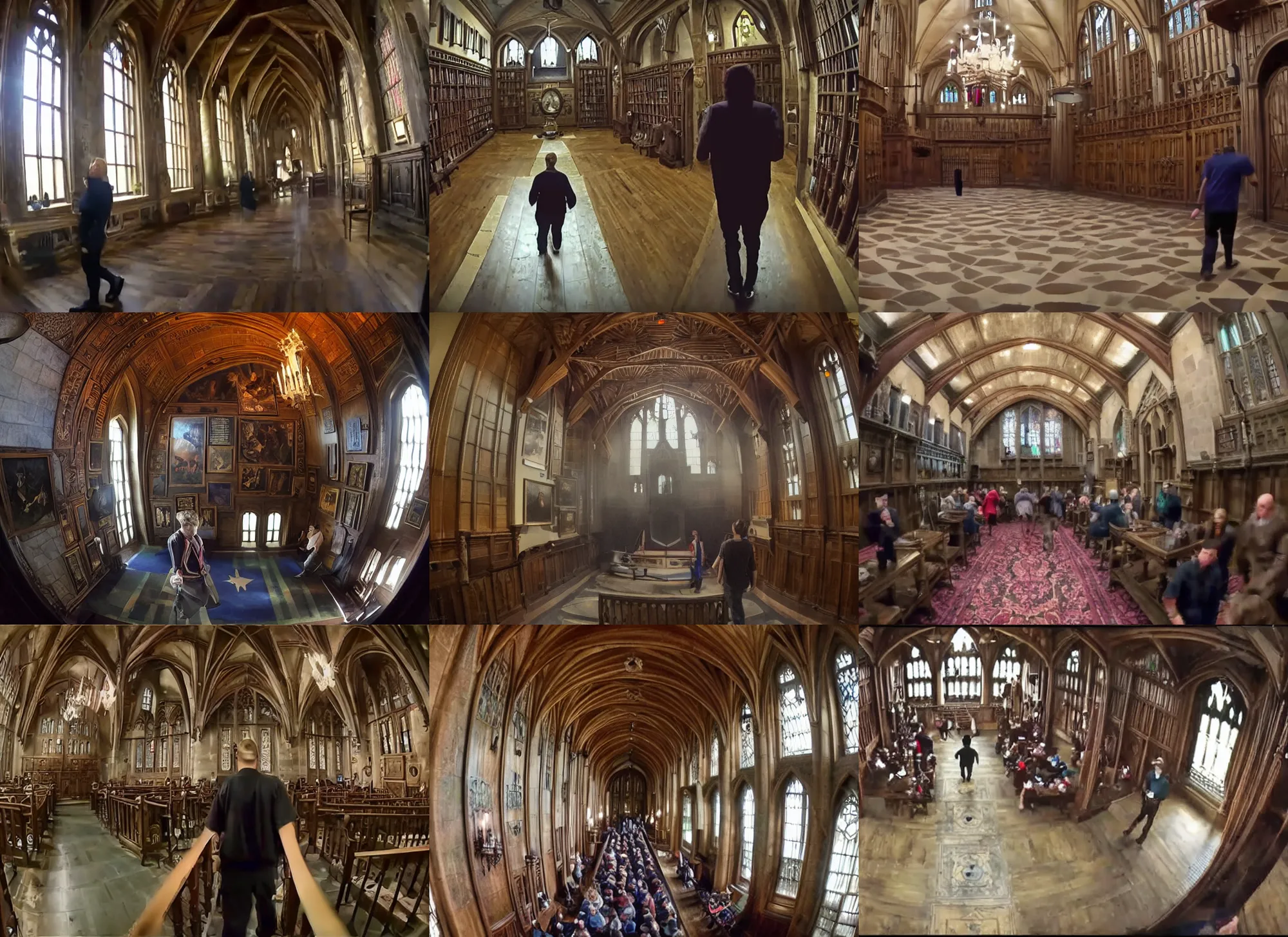 Prompt: gopro pov of a man walking inside of the hogwarts