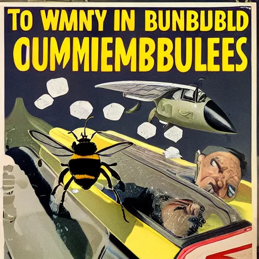 Image similar to bumblebees drop bombs onto a sleeping man at a computer, highly detailed, ww 2 american propoganda poster, colorized