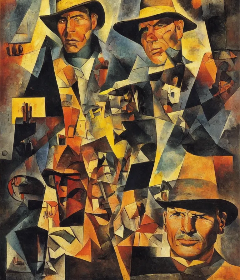 Prompt: Beautiful Action Movie Poster made for the film Raiders of the Lost Ark (1981) starring Harrison Ford and the Ark of the Covenant, impasto cubist! oil painting by Pablo Picasso and Paul Klee, trending on artstation dramatic lighting Cubism 8k