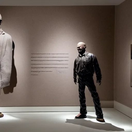 Image similar to jesse pinkman and walter white has been transformed into inanimate bronze statues, in a museum