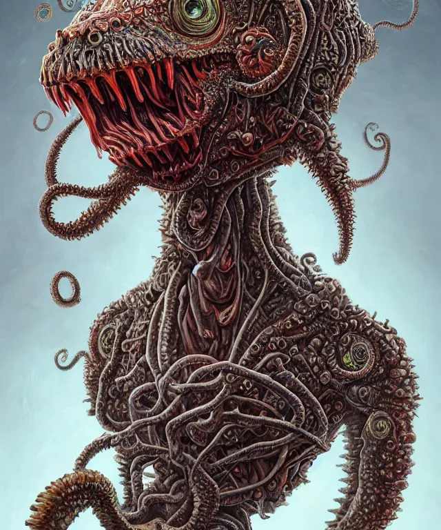 Prompt: hziulquoigmnzhah, large mouth with teeth, head dangling underneath body!!!!, spherical body, elongated arms, short legs, lovecraftian horror!, surrealism, fantasy, intricate, elegant, highly detailed, digital painting, artstation, concept art, matte, sharp focus, illustration, art by keith thompson and christopher lane