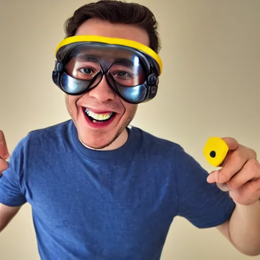 Prompt: a picture of a grinning man with tiny teeth wearing a glass helmet