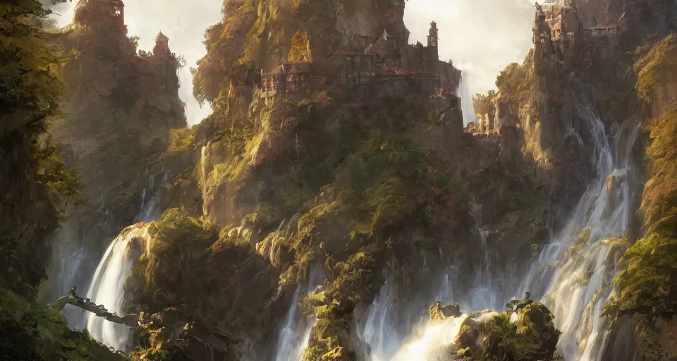 Image similar to A beautiful digital painting of a castle, waterfall, lovely valley by Stanley Artgerm Lau, frank frazetta, Rossdraws, James Jean, gerald brom, Andrei Riabovitchev, Marc Simonetti, and Sakimichan, trending on artstation