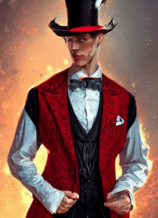 Image similar to a highly detailed illustration of stylish top hat wearing red haired attractive man, wearing suit vest, flashy card trick pose, intricate, elegant, highly detailed, centered, digital painting, artstation, concept art, smooth, sharp focus, league of legends concept art, WLOP