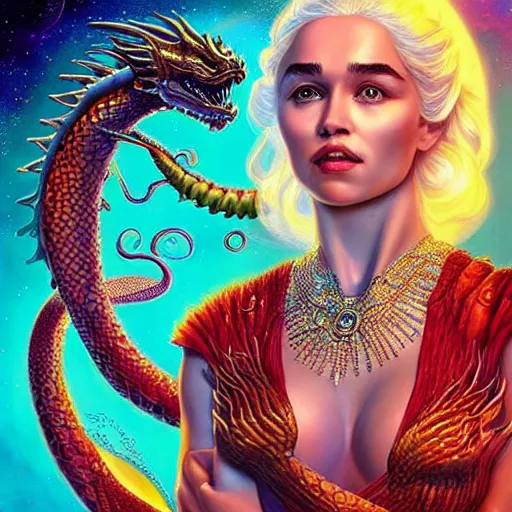 Image similar to cosmic stunning daenerys targaryen portrait with her serpent dragon of fire flame, queen of dragons, fire flaming dragon serpent, Pixar style, by Tristan Eaton Stanley Artgerm and Tom Bagshaw.