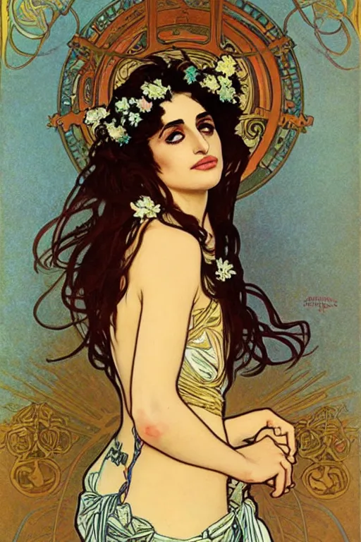 Image similar to portrait of penelope cruz, artwork by alphonse mucha