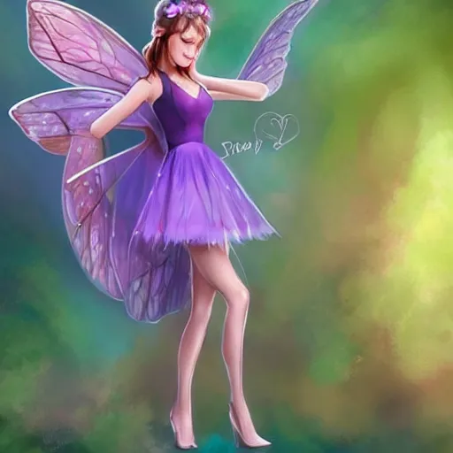 Image similar to very very very beautiful tiny fairy woman in her 20s with fairy wings wearing skintight purple dress, making eye contact, smiling, flirty, perfect body, perfect face, drawn by artgerm