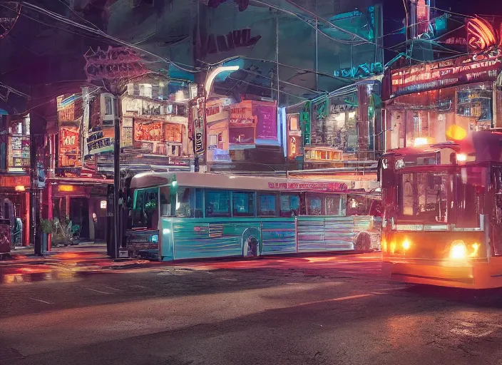 Image similar to trolleybus stands at a stop, headlights shine with neon light, atmospheric, futuristic, cyberpunk, ray tracing global illumination, 8 k resolution, ultra detailed