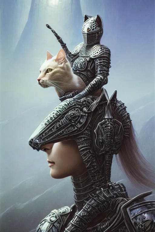 Image similar to female knight with cat on her head in the wild nature, armor design by wayne barlowe, blonde hair, symmetry, sci - fi, dark fantasy, perfect light and composition, 4 k, ultra hd, sense of awe, highly detailed, realistic, intricate