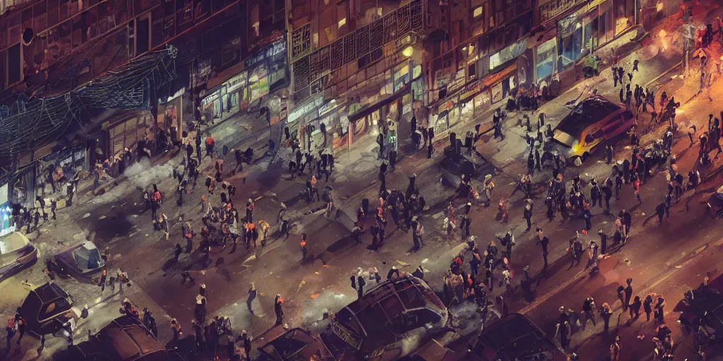 Image similar to aerial isometric photo, riot in a cyberpunk city, police use special equipment against the crowd on a square, high detail art, evening, police sirens in smoke, dark environment