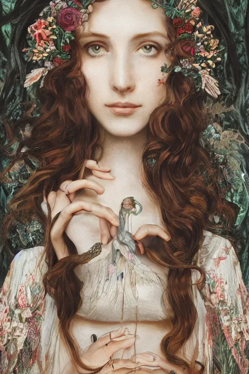 Image similar to An extremely beautiful pre-raphaelite ornate portrait of a very beautiful witch, ultradetailed, intricate, elegant, digital art painting, concept art, smooth, sharp focus, magazine art cover illustration, regal, award winning picture, extremely detailed masterpiece, sense of awe, featured on Artstation, Artgerm, ethereal bubbles, Aetherpunk, atmospheric lightning, Exquisite floral details, 8K detail post-processing