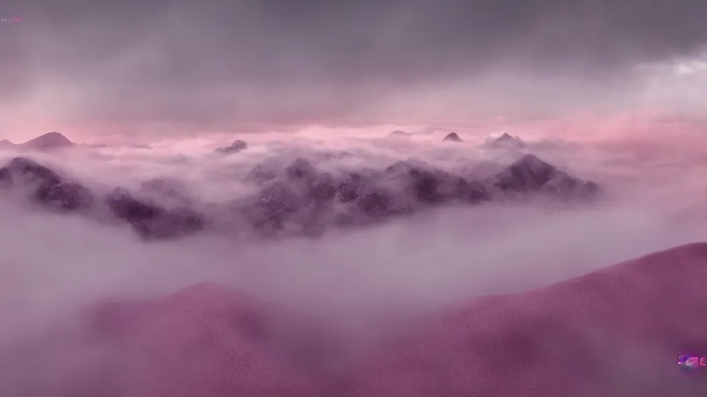 Image similar to a war between difference samurai fractions ongoing on soft glow pink desert with snow mountains and cloudy skies, purple fog, long exposure, detailed, hyper realistic, photorealism, landscape, ultra wide angle view, peaceful, cinematic, volumetric lighting, god ray through clouds