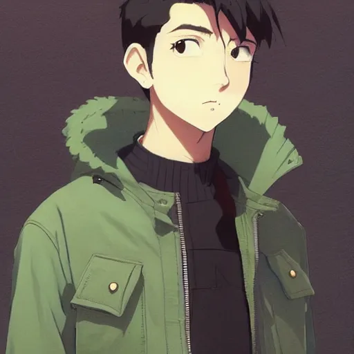 Image similar to a handsome young man! model, wearing ma - 1 flight suit jacket and overalls, bulky poofy bomber jacket with mayan patterns, trending on pixiv fanbox, painted by greg rutkowski makoto shinkai takashi takeuchi studio ghibli, akihiko yoshida