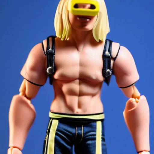 Image similar to action figure of a skinny blonde male wrestler wearing a black vr headset and wearing a t - shirt and jeans, high detail, realistic,