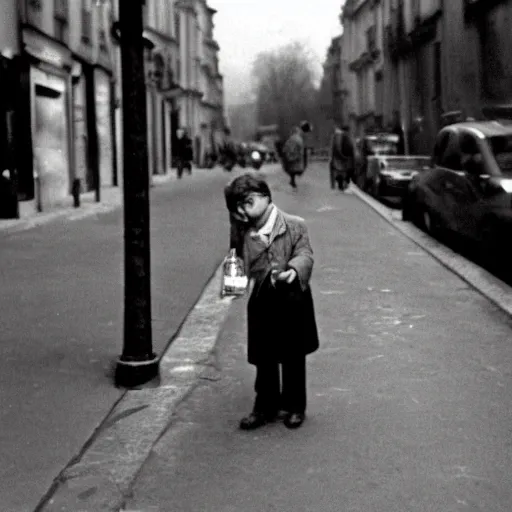 Prompt: the boy holding wine bottle in paris street, by henri cartier bresson,