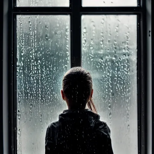 Prompt: young person looking through window on rainy day, view of her head from behind, sad, lots of raindrops, detailed, cinematic, dramatic lighting