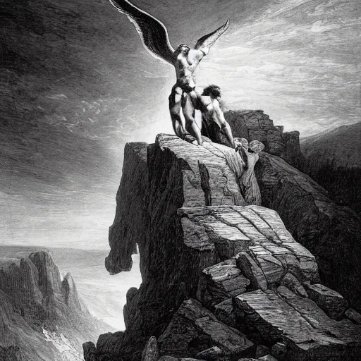 Image similar to A biblical painting of Jacob suplexing an angel at the top of a mountain by Gustave Doré, black and white palette, Scenic, Dramatic, beautiful shore in background, detailed