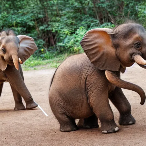 Image similar to photo of two miniature elephants covered in honey and rolling around in a tent