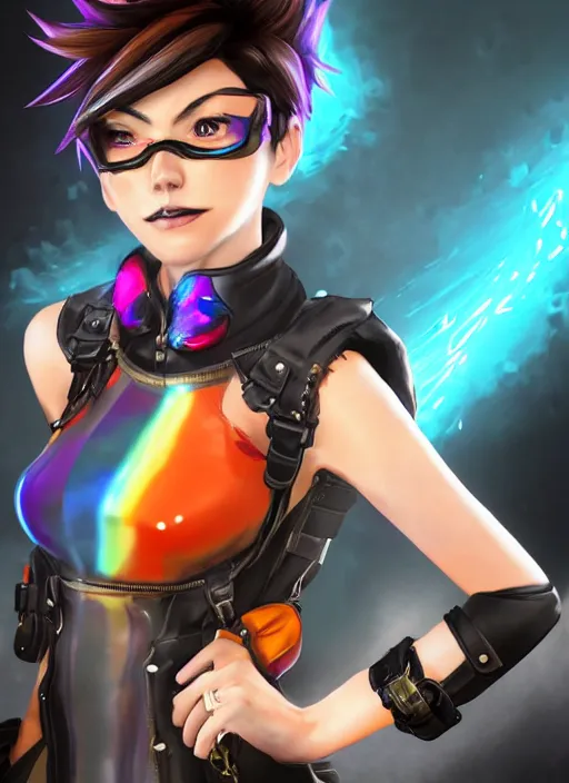 Image similar to portrait bust digital artwork of tracer overwatch, wearing black iridescent rainbow latex tank top, 4 k, expressive happy smug expression, makeup, in style of mark arian, angel wings, wearing detailed black leather collar, chains, black leather harness, detailed face and eyes,