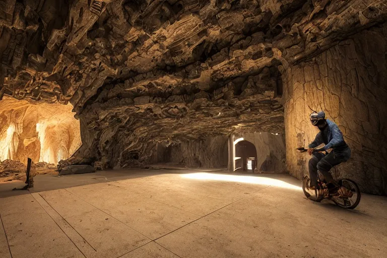 Prompt: a guy with a helmet explores an old art gallery, digital art, by dan mumford, by greg rutkowski, in a cave, volumetrics, octane render