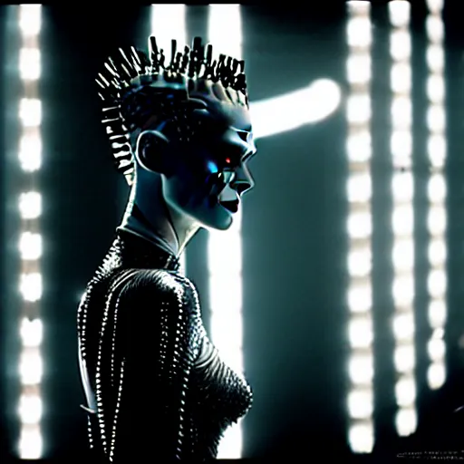 Image similar to cinematic portrait of kristen mcmenamy as bride of frankenstein as a replicant in a busy nightclub, surprised, still from the movie ex machina, fashion photography, a sign is in the background, 8 k, high detail, face in focus