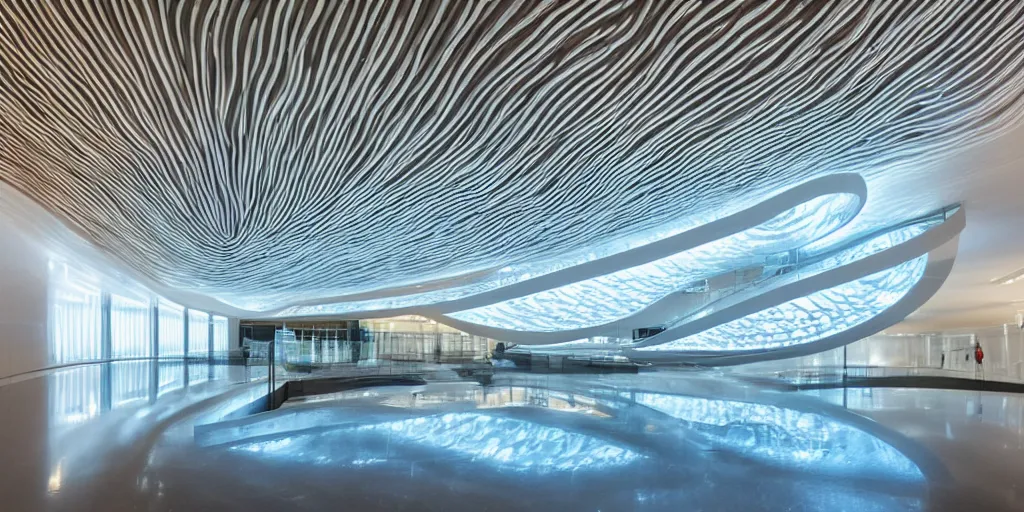 Image similar to extremely detailed stunning curvilinear museum interior with water centered sculpture piece and led strips