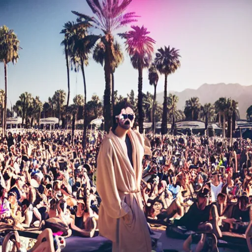 Prompt: a dj playing music at coachella festival while wearing a robe and sunglasses. by cy tombly