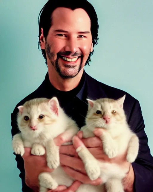 Image similar to “ head and shoulders glamour portrait of keanu reeves smiling at the camera and cradling a half dozen kittens in his arms, pastel colored background, high quality photo, photography, dreamy ”