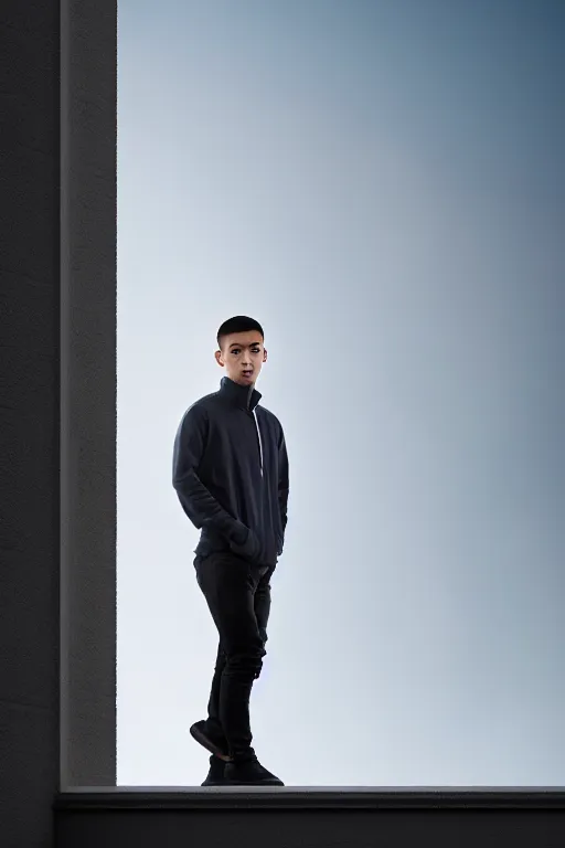 Image similar to un ultra high definition studio quality photographic art portrait of a young man standing on the rooftop of a british apartment building wearing soft padded silver pearlescent clothing. three point light. extremely detailed. golden ratio, ray tracing, volumetric light, shallow depth of field. set dressed.