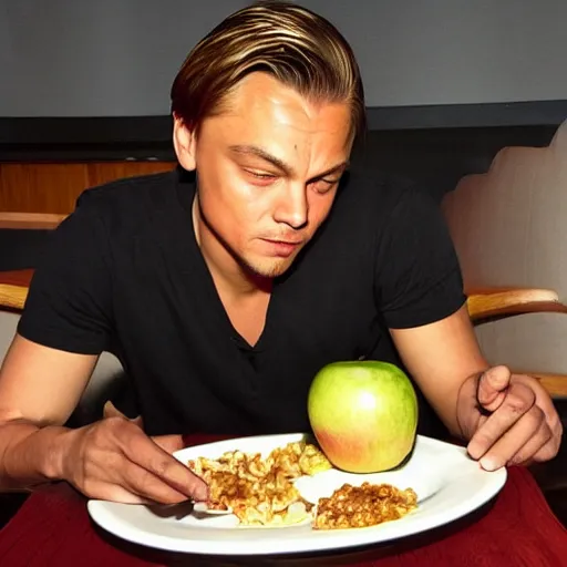 Prompt: Leonardo Di Caprio eating apple bees