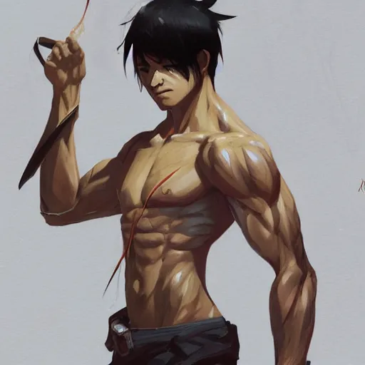 Image similar to kazuma from s - cry - ed, greg rutkowski, foreshortening