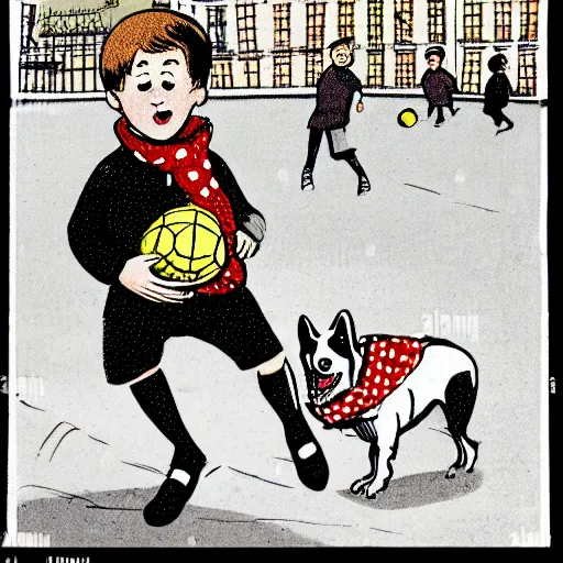 Image similar to illustration of french boy on the streets of paris playing football against a corgi, the dog is wearing a polka dot scarf, comic, 1 9 6 2