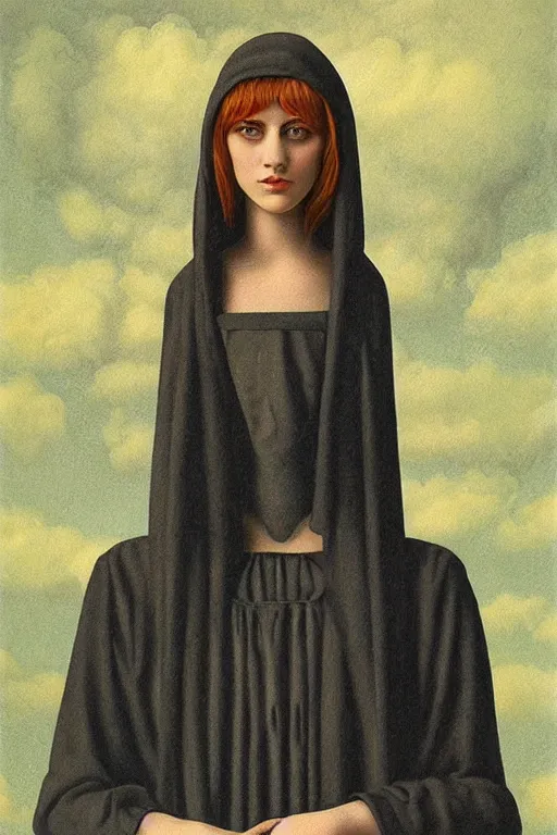 Prompt: portrait of beautiful young gothic maiden, readhead, highly detailed, artstation, illustration, art by rene magritte