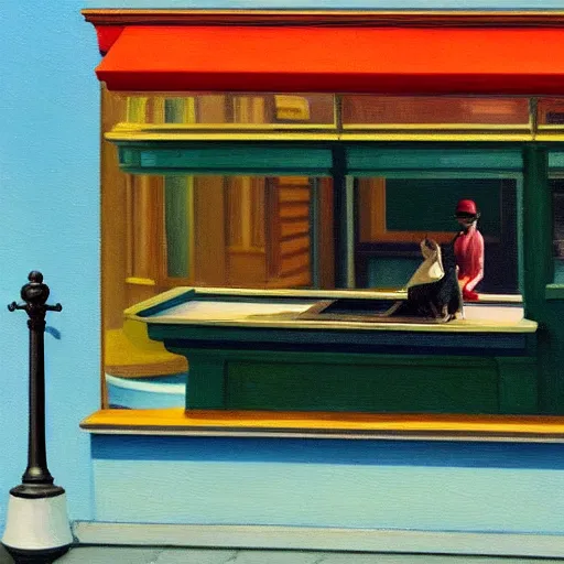 Prompt: a hyper realistic fine art painting of little socks in the style of edward hopper, wes anderson