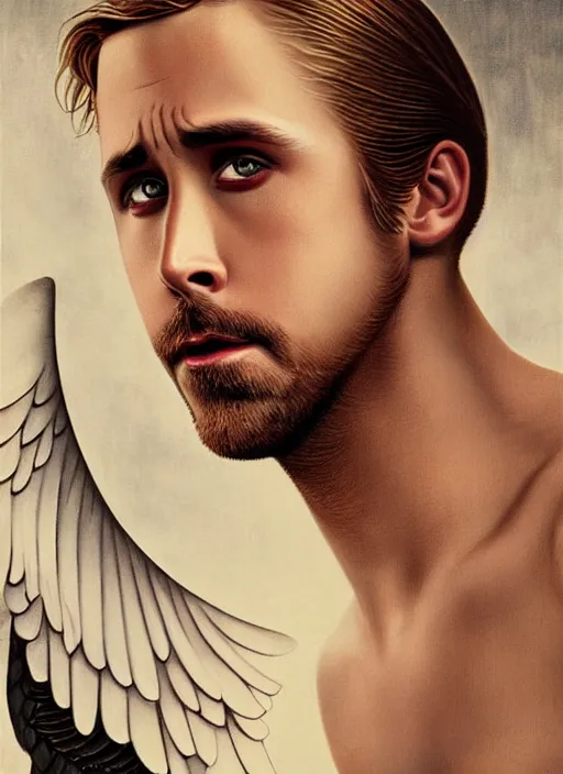 Prompt: a sacred portrait of young ryan gosling as the angel of manhood, art by william - adolphe bourgueareau and tom bagshaw and manuel sanjulian
