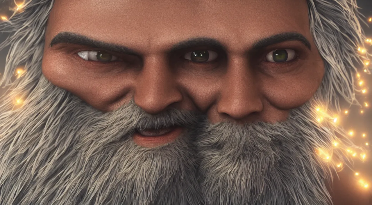 Image similar to Close up smiling handsome man with glowing galaxy eyeballs and majestic beard, professional studio photography, depth of field, intricate details, photorealistic, high quality. Rendered with autodesk arnold unreal engine octane render Lumion Blender Maxwell.