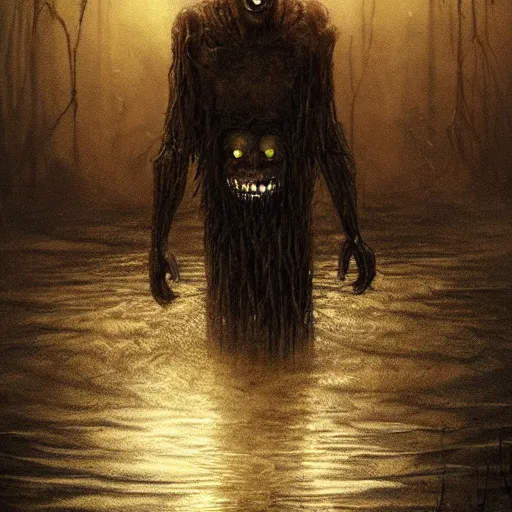 Image similar to creepy ruined abandoned fnaf character, fnaf animatronic rising from the lagoon at night, creepypasta, lamps in the night sky, greg rutkowski, creepy dark beksinski painting, vhs footage