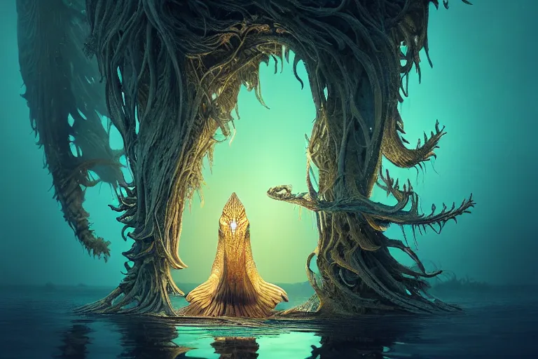 Image similar to creature in a alaska, water reflection, backlit, warm tones, bioluminescent bioluminescent translucent translucent : : by michal karcz, daniel merriam, victo ngai and guillermo del toro : : ornate, dynamic, particulate, intricate, elegant, highly detailed, centered, artstation, smooth, sharp focus, octane render, 3 d