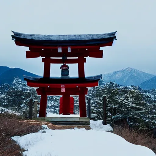 Image similar to a shinto shrine atop a mountain,snowy,beautiful nature,distant shot
