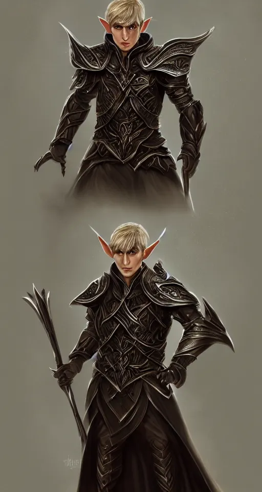 Prompt: A medium shot portrait of a male elf, he is about 20 years old, attractive, lean but muscular, serious composure, short silver hair, prideful look, he is wearing black heavy armor with gold plating and a red cape, highly detailed portrait, digital painting, ArtStation, concept art, smooth, sharp focus illustration, ArtStation HQ