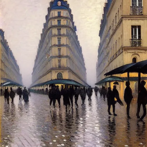 Prompt: Paris street, rainy day, by Gustave Caillebotte