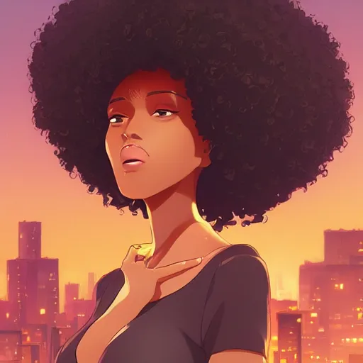 Image similar to a beautiful woman with afro hair african american skin , dark brown hair and tan skin, dark brown eyes, city landscape, 4k, anime key visual, lois van baarle, ilya kuvshinov, rossdraws, artstation